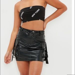 Vynl Bodysuit, pink floral pants & leather skirt